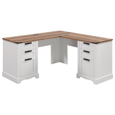 L Shaped Desk with Drawers, 60in Wide Farmhouse Executive Office Desk with Charging Station, Home Corner Desk with File Drawer