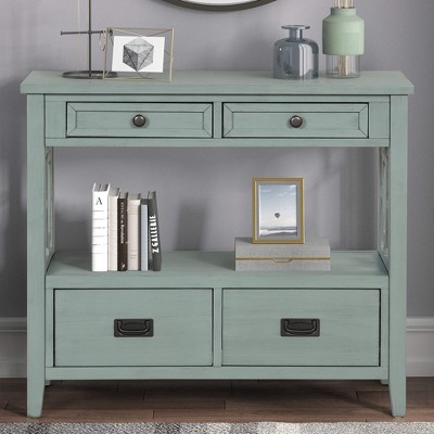 ORRD 36" Farmhouse Pine Console Table with 4 Drawers & Shelf, Entryway Sofa Table for Living Room, Bedroom, Hallway (Blue)