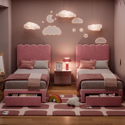 Twin Bed Frame with Storage Drawer and Headboard Velvet Upholstered Twin Platform Bed Frame for Girls Strong Wooden Slats Support Noise-Free