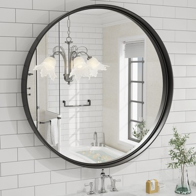 Apmir Round High Quality Aluminum Alloy Framed French Cleat Mounted Wall Decor Bathroom Vanity Mirror in matte black with 5-Year Warranty