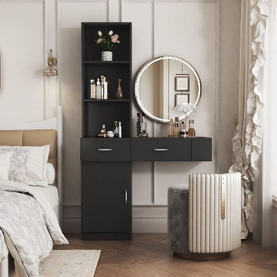 Okak Vanity Table with Lights, Modern Simple Hair Desk, Multi-Layer Storage, Large Storage Space, Bedroom Makeup Vanity Table Set with Mirror