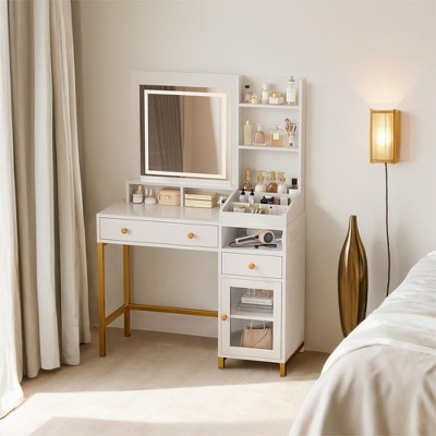 38" Vanity Desk, Modern Makeup Dressing Table, with 3 Color LED Lighted Mirror and Power Outlet, for Bedroom, Studio