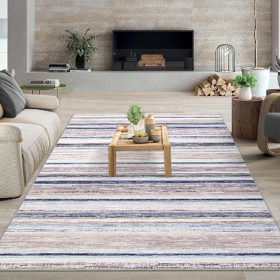 Modern Living Room Rug, Large Washable Striped Accent Carpet, Non-Slip, Stain-Resistant Low-Pile Foldable Floor Mat for Dining Room