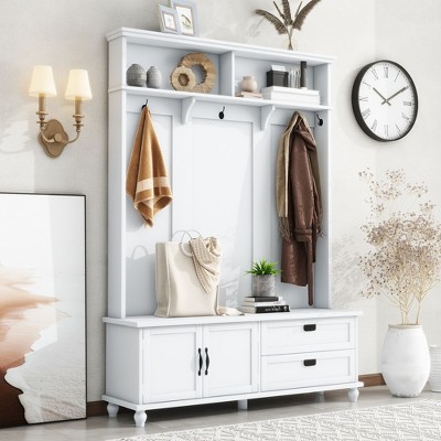 Sapphtopaz Modern Hall Tree with Storage Cabinet&2 Drawers,Entryway Bench with 5 Coat Hooks&Open Storage Shelves,Shoe Bench for Entryway,Hallway