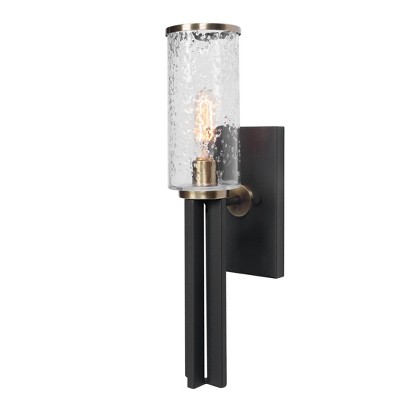 Uttermost Jarsdel 1-Light Wall Sconce – 20"H x 5"W Black and Antique Brass Industrial Style with Meteor Glass Shade