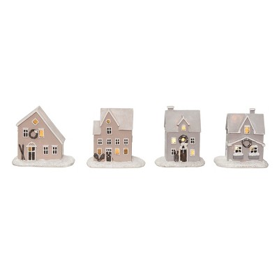 Transpac Light Up Resin Nordic Cabin Figurine Set of 4 Christmas Home Decorations for Festive Decor