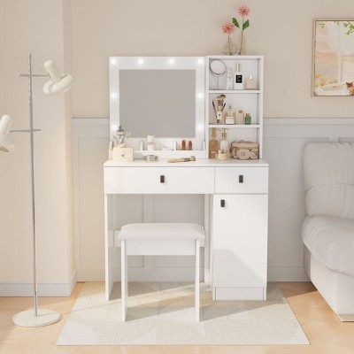 Vanity Table Modern with LED Mirror and Hidden Storage Shelves for Bedroom -3irtyhousy