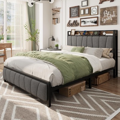 homfan Bed Frame with 2 Storage Drawers and Charging Station, Rustic Linen Upholstered Platform Bed Frame with Storage Headboard, Gray