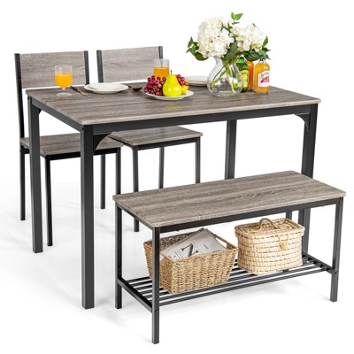 Costway 4pcs Dining Table Set Rustic Desk 2 Chairs & Bench w/ Storage Rack