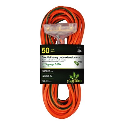 GoGreen Power (GG-15250) 12/3 50Õ SJTW 3-Outlet Heavy Duty Extension Cord, Lighted End, 50 Ft