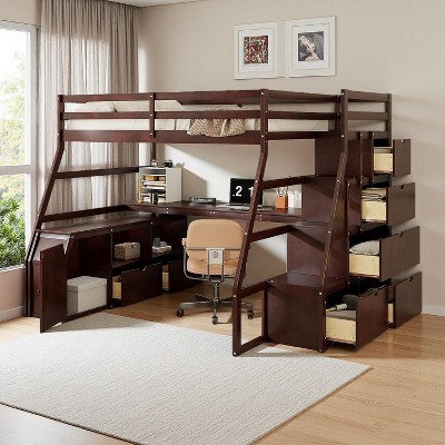 Polibi Full Size Loft Bed with Desk, 7 Drawers, Storage Staircase & Cabinet