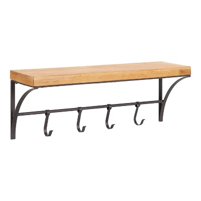 24" x 9" Ozias Shelf with Hooks Rustic Brown/Black - Kate & Laurel All Things Decor: Modern Floating Storage, No Assembly Required