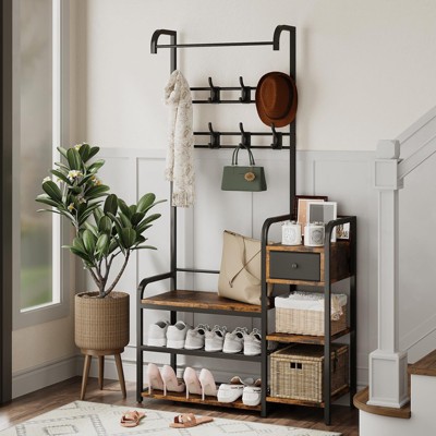 3-in-1 Hall Tree Coat Rack with Shoe Storage and Drawer, Heavy-Duty Steel Frame Entryway Bench, Multifunctional Mudroom Organizer