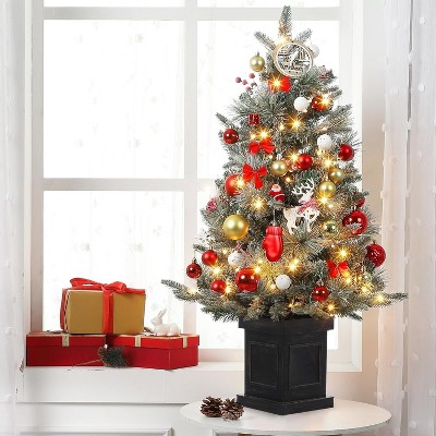 3ft Artificial Christmas Tree w/ Warm White Led Lights, Pre-Lit Christmas Tree w/Snowflakes and Red Berries, Christmas Tree with Base