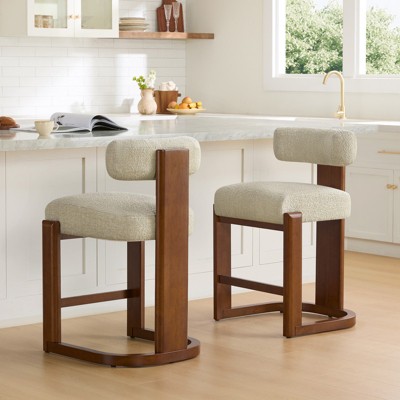 Spruce&Spring Upholstered Boucle Counter Stool with Solid Wood Frame, Set of 2, Oatmeal, Walnut