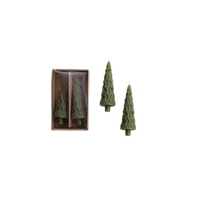 Storied Home 2-Piece Unscented Tree Shaped Taper Candles in Box with Holly, Green and Red