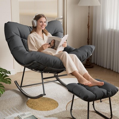 Oversized Lounge Chair with Footrest, Outdoor Papasan Rocking Chair with Ottoman and Sturdy Metal Frame