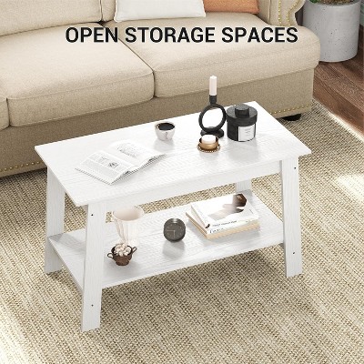 Modern Farmhouse Coffee Table with Storage Shelf, 2-Tier Rectangular Wood Center Table for Living Room and Home Office