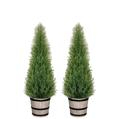Hykolity Artificial Cedar Topiary Tree, 3FT 4FT with Barrel Planter, Faux Pine Shrubs Plant, Outdoor Indoor Home Decor Realistic Fake Plants, 2-Pack