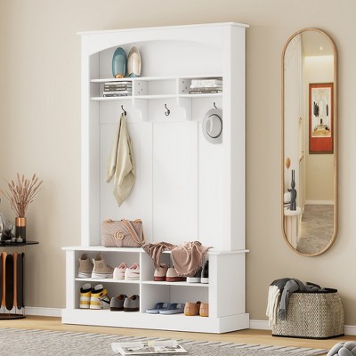 RISOKEYS 47.2'' Shoe and Coat Rack for Hallway with Multi-functional Storage Bench and Shoe Storage, with 3 Hanging Hooks & Rectangle Storage