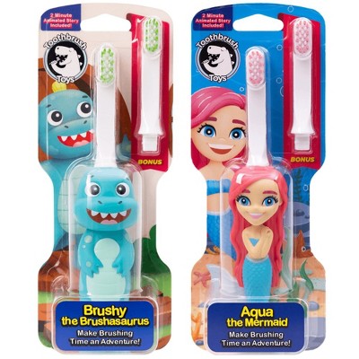 Toothbrush Toys Aqua the Mermaid & Brushy the Brushasaurus Multipack, Extra Soft Bristles with Easy Grip for Small Hands, Makes Brushing an Adventure