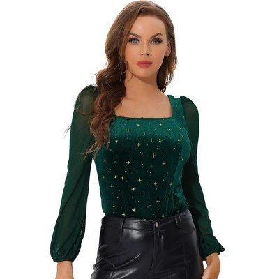 Allegra K Women's Glitter Star Pattern Velvet Mesh Sheer Long Sleeve Tops