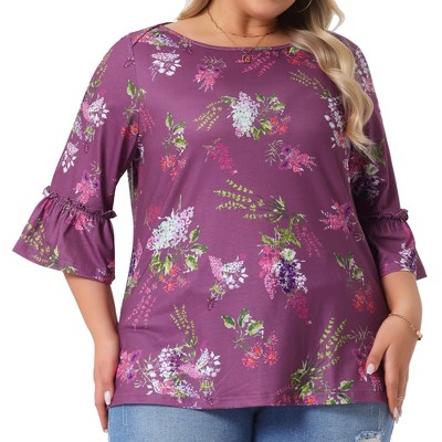 Agnes Orinda Women's Plus Size Boat Neck 3/4 Sleeve Ruffle Sleeve Floral Casual Blouses