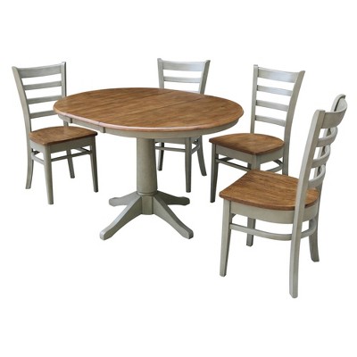 36" 4pc Lisa Round Extendable Dining Table with Emily Chairs Hickory Brown - International Concepts: Solid Wood, Mid-Century Modern, Pedestal Base