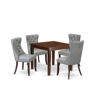 East West Furniture, 5 Piece Kitchen Table & Chairs Set Consists of a Square Dining Table and 4 Upholstered Parson Chairs, Mahogany