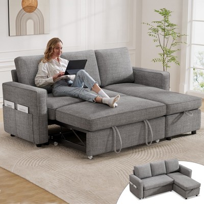 Dyonery 81" Sleeper Sofa Bed,2 in 1 Pull Out Couch with Reversible Storage Chaise,Corduroy/Linen