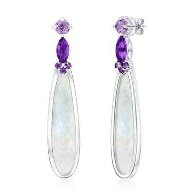 Simona Sterling Silver, Pear-Shaped MOP Earrings - Amethyst Gem - White
