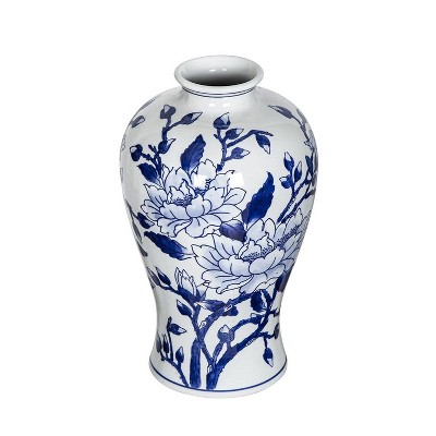HomeRoots 13" Blue And White Floral Chinoiserie Round Porcelain Table Vase
