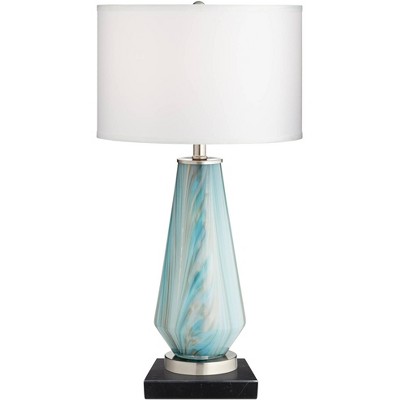 Possini Euro Design Jaime Modern Table Lamp with Square Black Marble Riser 26" High Blue Gray Art Glass Drum Shade for Bedroom Living Room Bedside