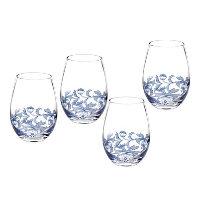 Spode Blue Italian Stemless Wineglasses, Set of 4 - 19oz Artistic Tumbler-Style Goblets with Scenic Border & Scroll Accent