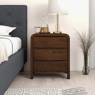 Lionel Mid Century Modern Solid Wood 3-Drawer Nightstand in Brown 23.6"H x 20.4"W x 15.7"D for Bedroom, Hallway, Entryway, Closet