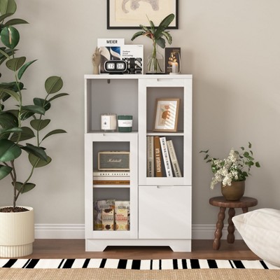 MOEPISY MDF Painted Cabinet with Glass Doors and drawer, Open Storage Space, White