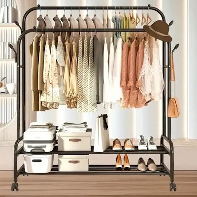 Heavy-Duty Rolling Metal Garment Rack with Dual Bars - Portable Clothes Hanger w/Shelves - Hooks, Multi-Functional Wardrobe Organizer