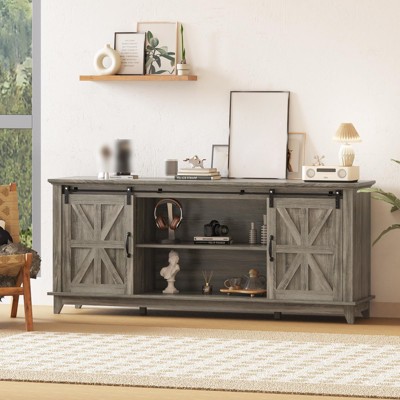 Modern TV Stand for TVs Up to 75'', Wooden Entertainment Center with Sliding Barn Doors, Media TV Console Table with Adjustable Shelf for Living Room