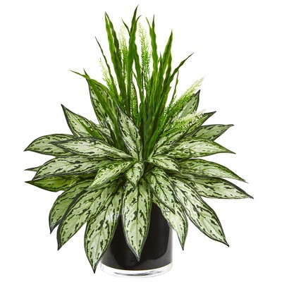 Nearly Natural Silver Queen and Grass Artificial Plant in Black Vase