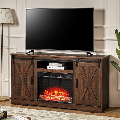 AMERLIFE Fireplace TV Stand with Sliding Barn Door & Adjustable Shelves for TVs up to 65", Dark Walnut