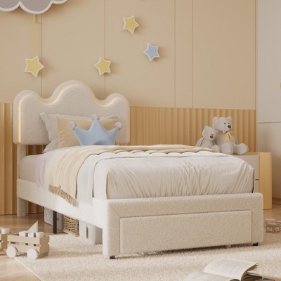 Coolmee Twin/Full Upholstered LED Bed Frame with Storage Drawers, Girls Bed with Flower Headboard, Boucle Princess Platform Bed for Kids/Girls