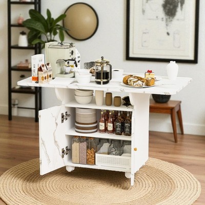 47" Wood Folding Dining Table with Storage Rack & Cabinet, Removable Entryway Table with 6 Wheels,Kitchen Island, Coffee Table & Space-Saving Design