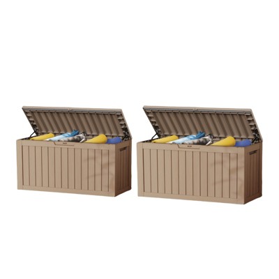 DSVIMOY Deck Boxes, 2-Piece 80 Gal Outdoor Storage Deck Box, Small Patio Storage Bin for Garden Tools, Brown, 46.26"*18.7"*23.23"