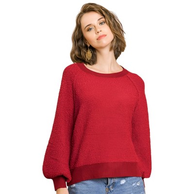 Slickblue Women's Cherry Red Boat Neck Sweater, Long Puff Sleeves, Soft Blend Knit Top, Size S-L