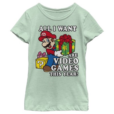 Girl's Nintendo Christmas Mario All I Want Are Video Games T-Shirt