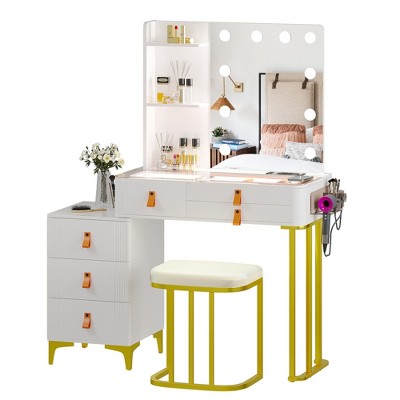 Fredees Dressing Table: Mirror, Lights, Drawers, 2 Shelves, Bedroom Vanity Set with 10 Light Bulbs, Charging Station
