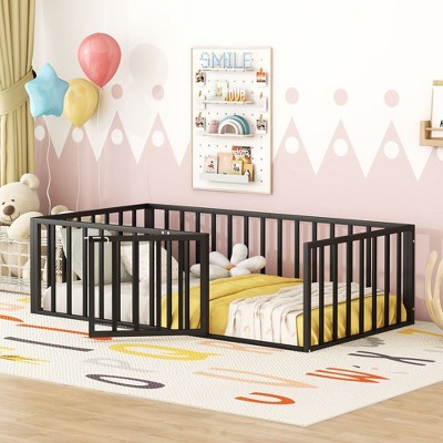 Sapphtopaz Twin Size Bed Frame Metal Floor Bed with Fence and Door Bedroom Furniture, Easy Assembly, No Box Spring Needed