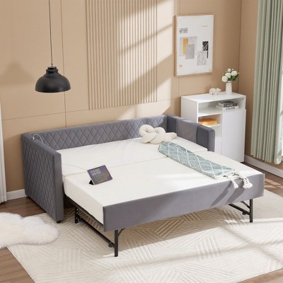 Velvet Daybed with Pop-up Trundle for Bedroom/Guest Room, Twin Size Sofa Beds Frame with USB Ports and Storage Pocket, No Box Spring Needed