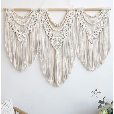 Aoibox Large Boho Macrame Wall Hanging Tapestry, Natural Cotton Cords with Wooden Rod, Ivory Color, 43" W x 32" H, Home Decor