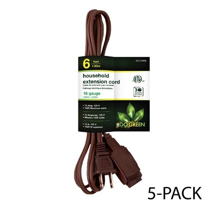 GoGreen Power (GG-24806) 16/2 6Õ Household Extension Cord, 3 Outlets, Brown, 6 Ft, 5-Pack